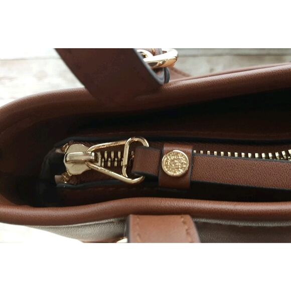 Anne Klein Tote Bag Handbag Purse Zip Top Brown/Tan Vegan Leather Canvas - Picture 14 of 15